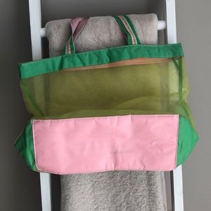 Lime green and pink mesh beach bag